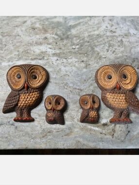 ​Vintage 70s Lightweight Owl Family Wall Decor - Set of 4 - MCM Faux Wood Foam